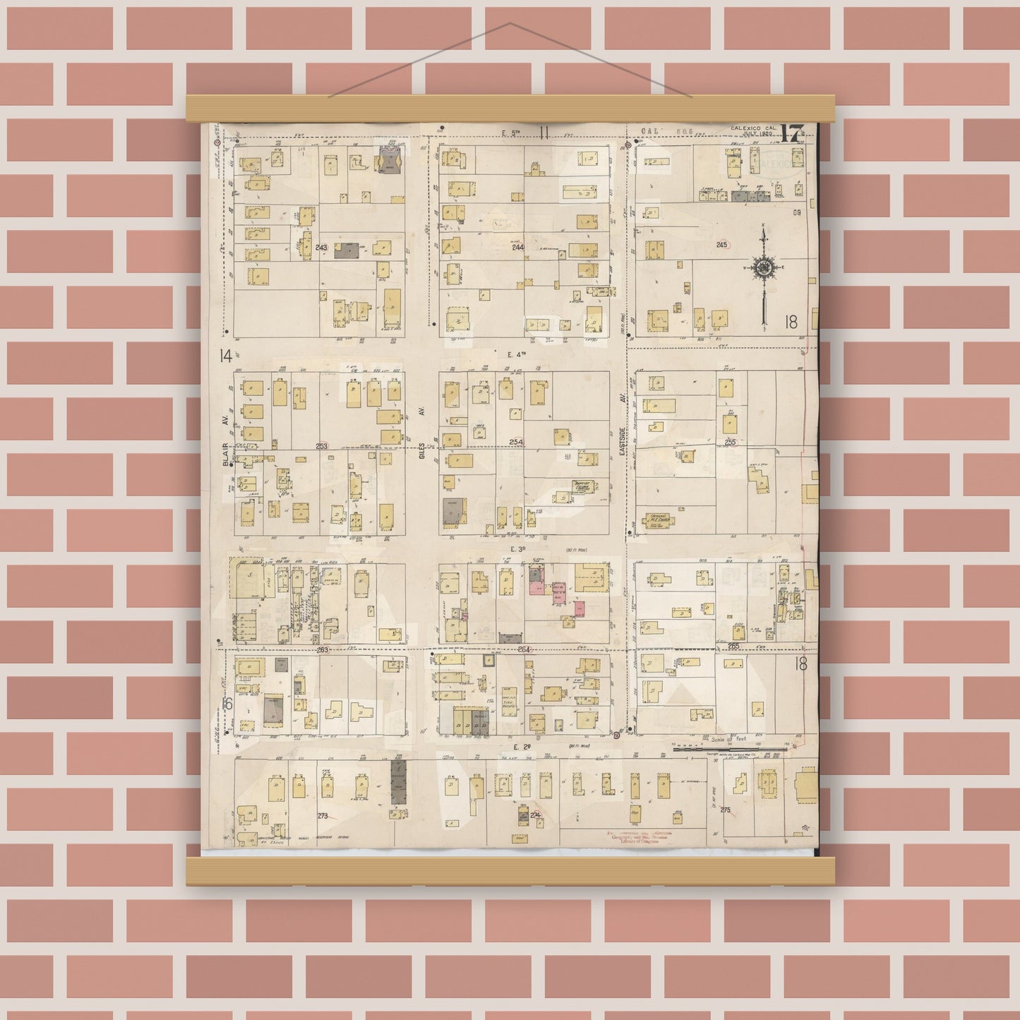 Old map wall art mockup — magnetic wood frame on brick wall — Sanborn Fire Insurance Map from Calexico, Imperial County, California (1949), Sheet #0017