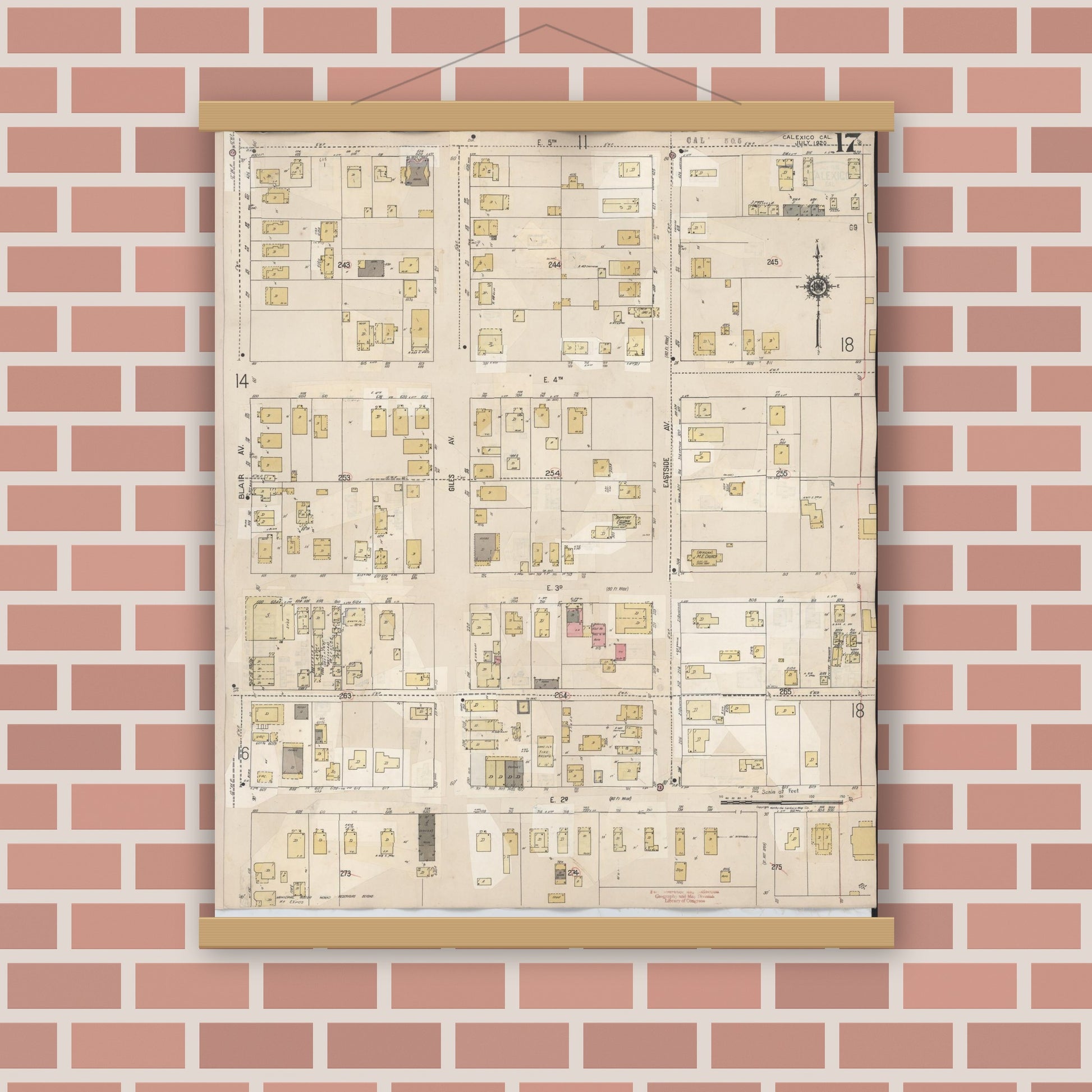 Old map wall art mockup — magnetic wood frame on brick wall — Sanborn Fire Insurance Map from Calexico, Imperial County, California (1949), Sheet #0017