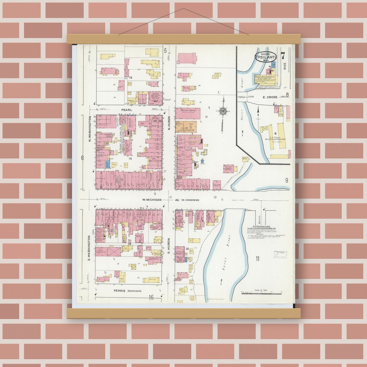 Old map wall art mockup — magnetic wood frame on brick wall — Sanborn Fire Insurance Map from Ypsilanti, Washtenaw County, Michigan (1916), Sheet #0007