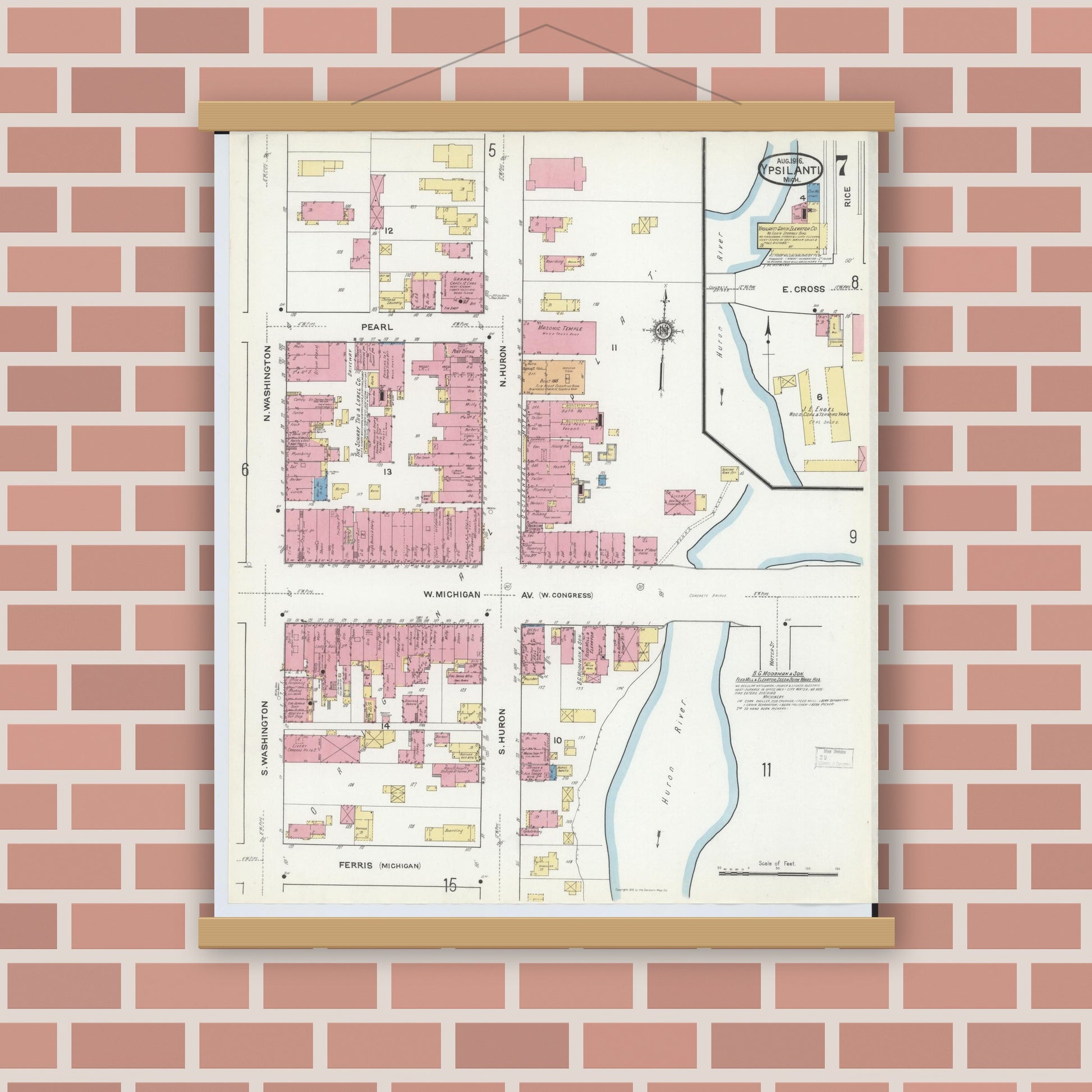 Old map wall art mockup — magnetic wood frame on brick wall — Sanborn Fire Insurance Map from Ypsilanti, Washtenaw County, Michigan (1916), Sheet #0007