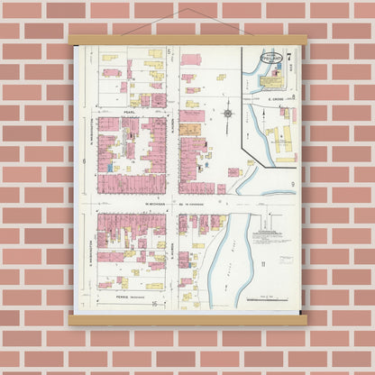 Old map wall art mockup — magnetic wood frame on brick wall — Sanborn Fire Insurance Map from Ypsilanti, Washtenaw County, Michigan (1916), Sheet #0007