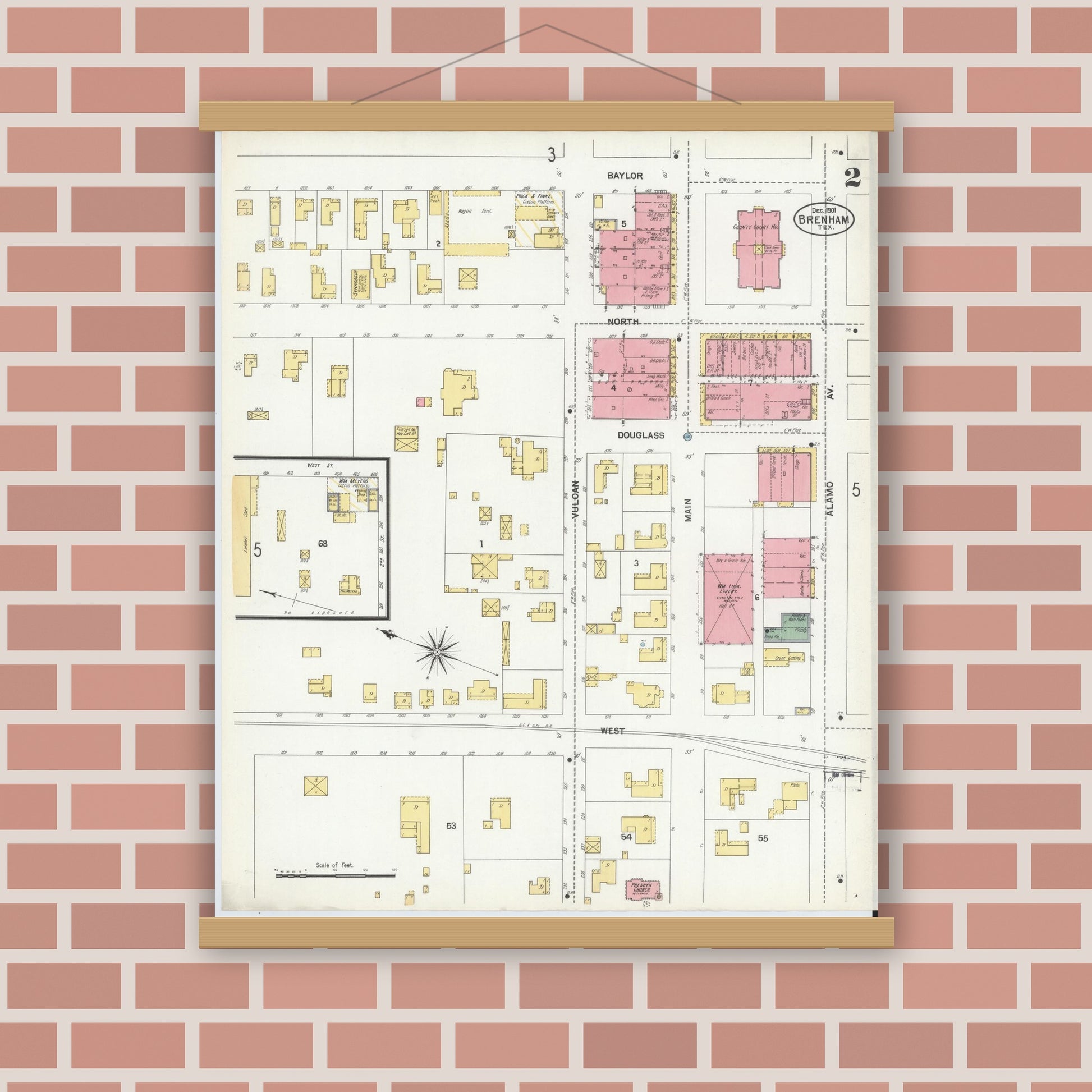 Old map wall art mockup — magnetic wood frame on brick wall — Sanborn Fire Insurance Map from Brenham, Washington County, Texas (1901), Sheet #0002