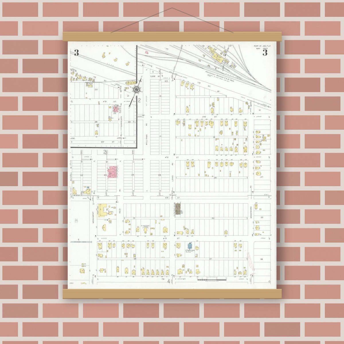 Old map wall art mockup — magnetic wood frame on brick wall — Sanborn Fire Insurance Map from Port Saint Joe, Gulf County, Florida (1940), Sheet #0003