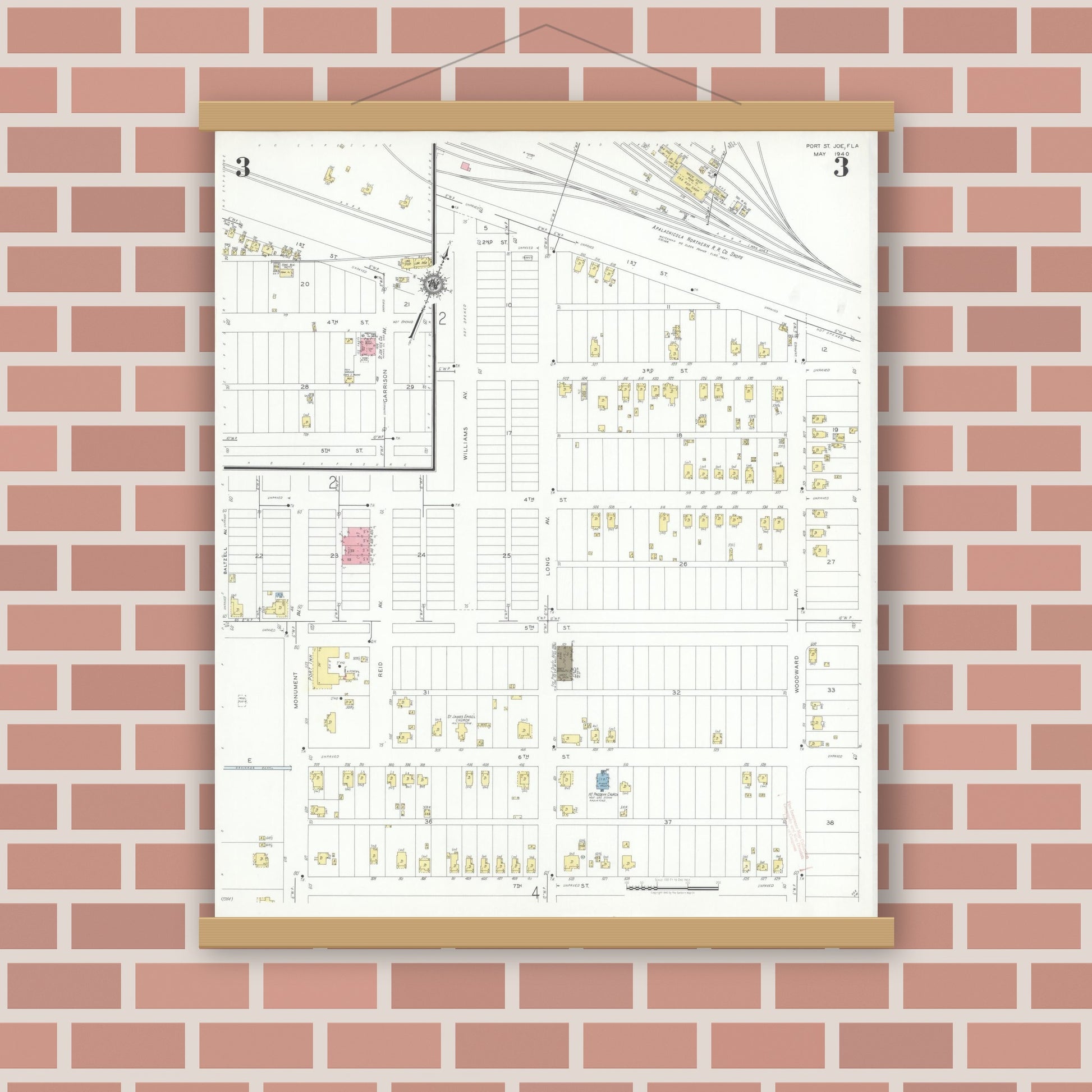 Old map wall art mockup — magnetic wood frame on brick wall — Sanborn Fire Insurance Map from Port Saint Joe, Gulf County, Florida (1940), Sheet #0003
