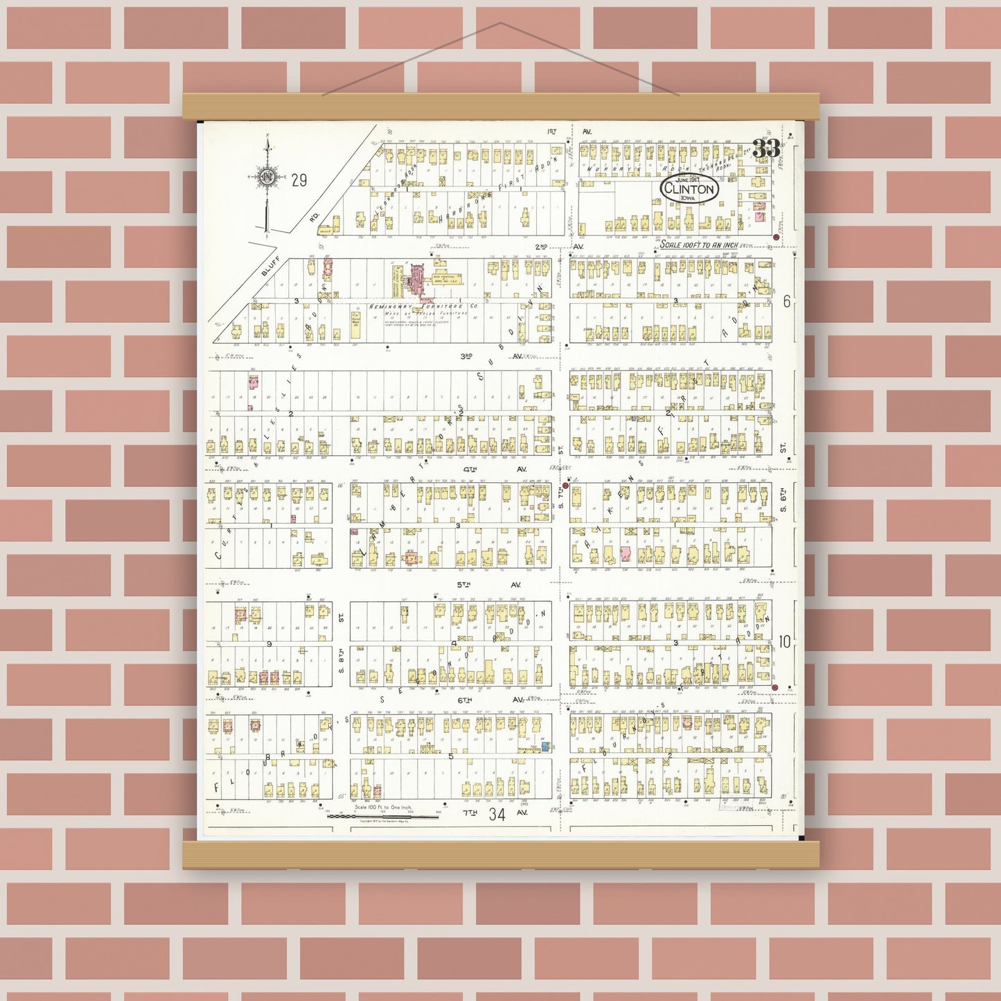 Old map wall art mockup — magnetic wood frame on brick wall — Sanborn Fire Insurance Map from Clinton, Clinton County, Iowa (1917), Sheet #0033