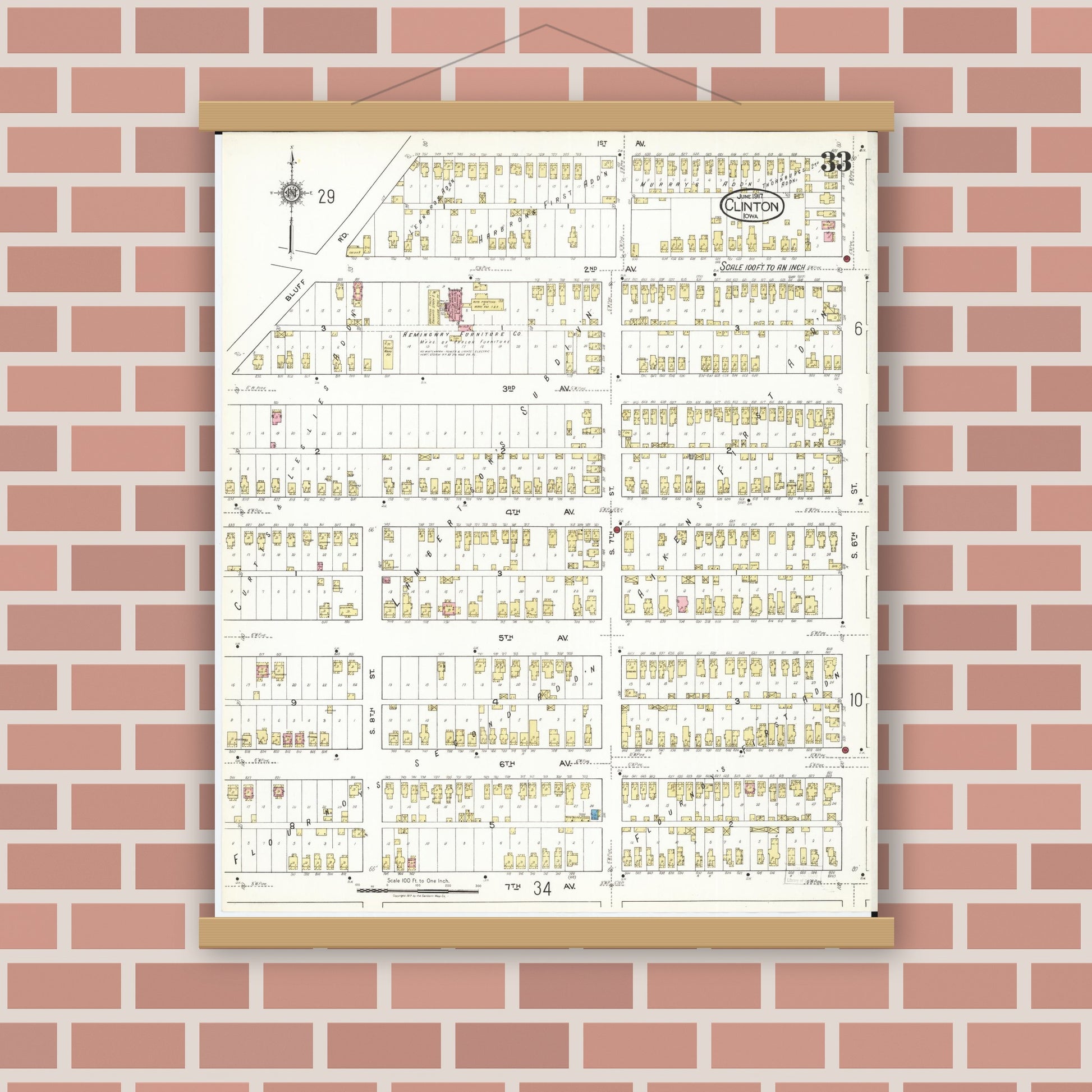 Old map wall art mockup — magnetic wood frame on brick wall — Sanborn Fire Insurance Map from Clinton, Clinton County, Iowa (1917), Sheet #0033