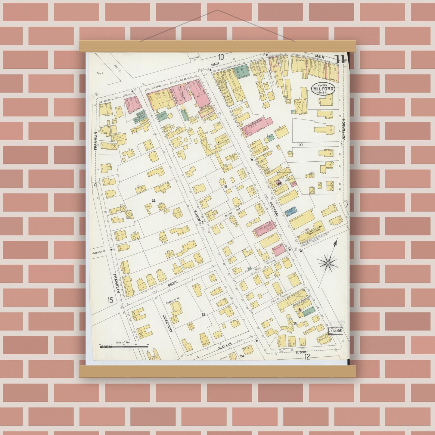 Old map wall art mockup — magnetic wood frame on brick wall — Sanborn Fire Insurance Map from Milford, Worcester County, Massachusetts (1903), Sheet #0011