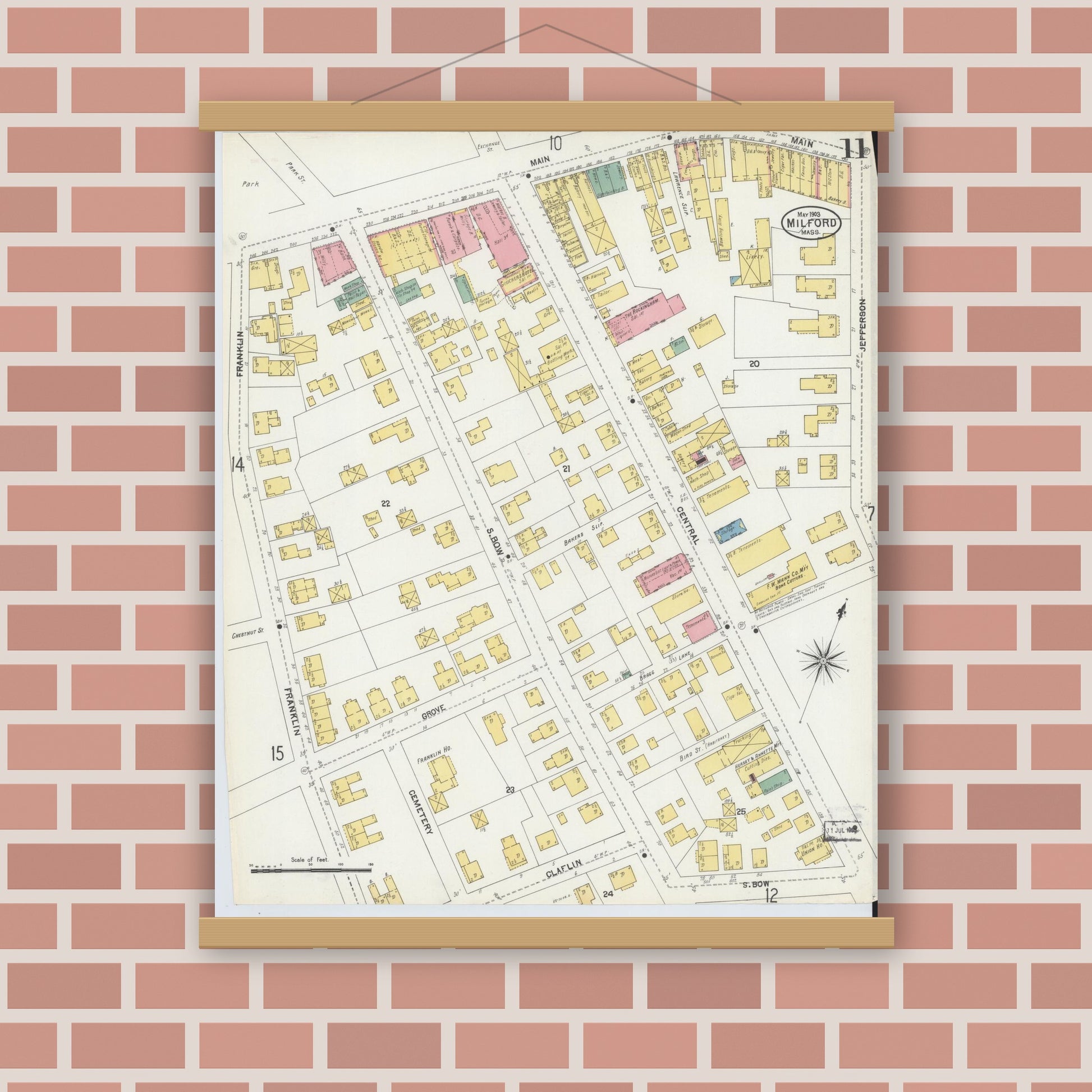 Old map wall art mockup — magnetic wood frame on brick wall — Sanborn Fire Insurance Map from Milford, Worcester County, Massachusetts (1903), Sheet #0011