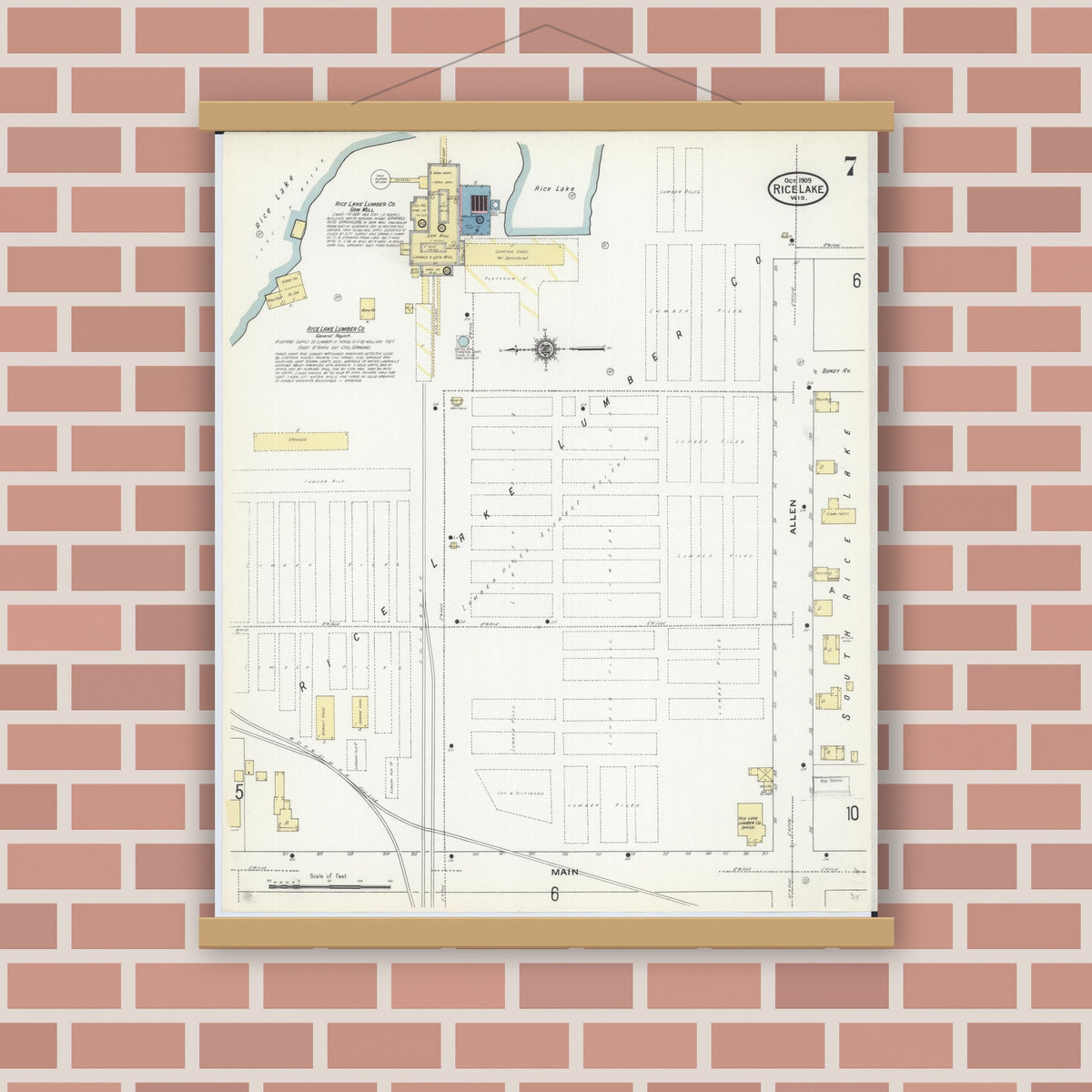 Old map wall art mockup — magnetic wood frame on brick wall — Sanborn Fire Insurance Map from Rice Lake, Barron County, Wisconsin (1909), Sheet #0007