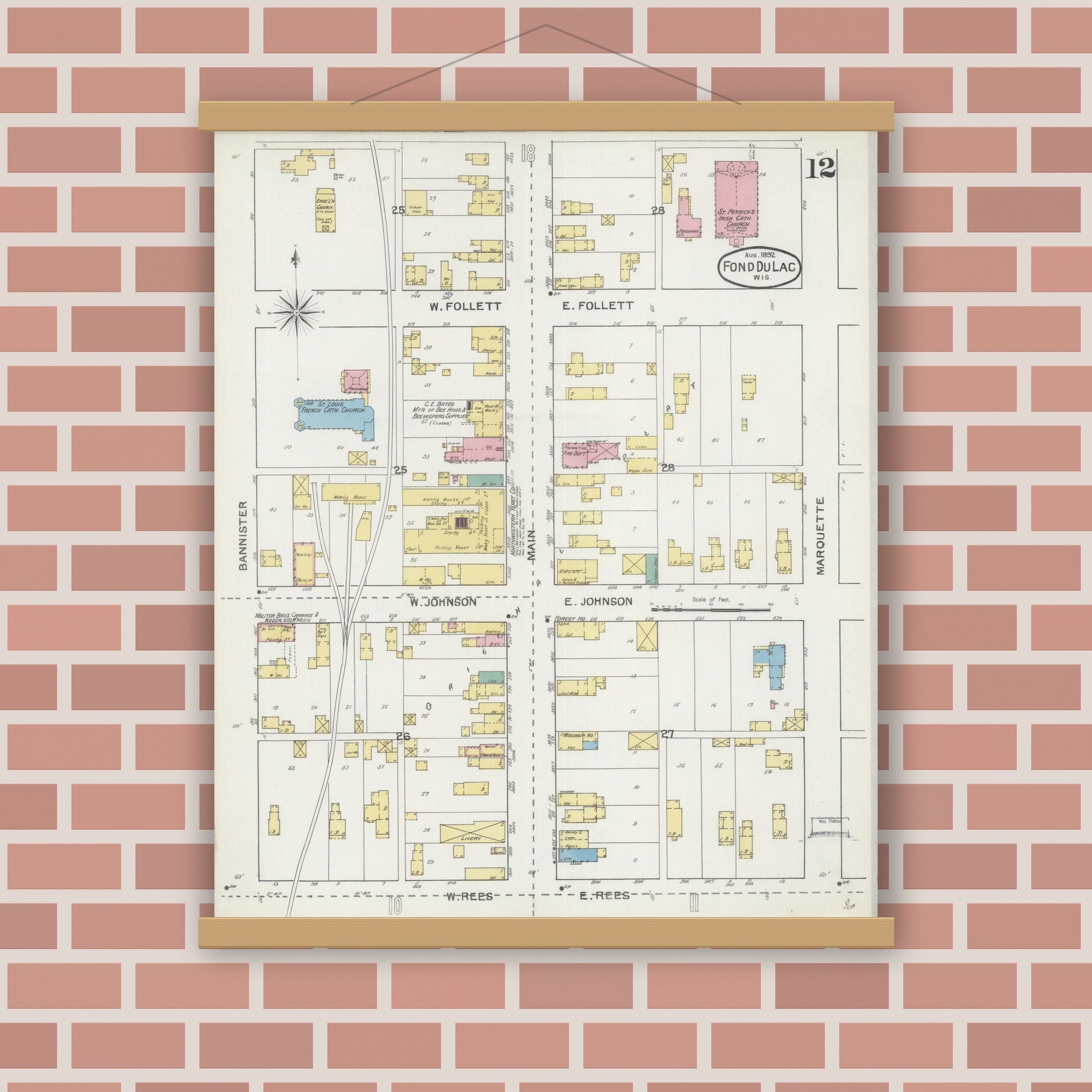 Old map wall art mockup — magnetic wood frame on brick wall — Sanborn Fire Insurance Map from Fond du Lac, Fond du Lac County, Wisconsin (1892), Sheet #0012