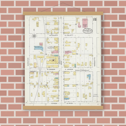 Old map wall art mockup — magnetic wood frame on brick wall — Sanborn Fire Insurance Map from Fond du Lac, Fond du Lac County, Wisconsin (1892), Sheet #0012