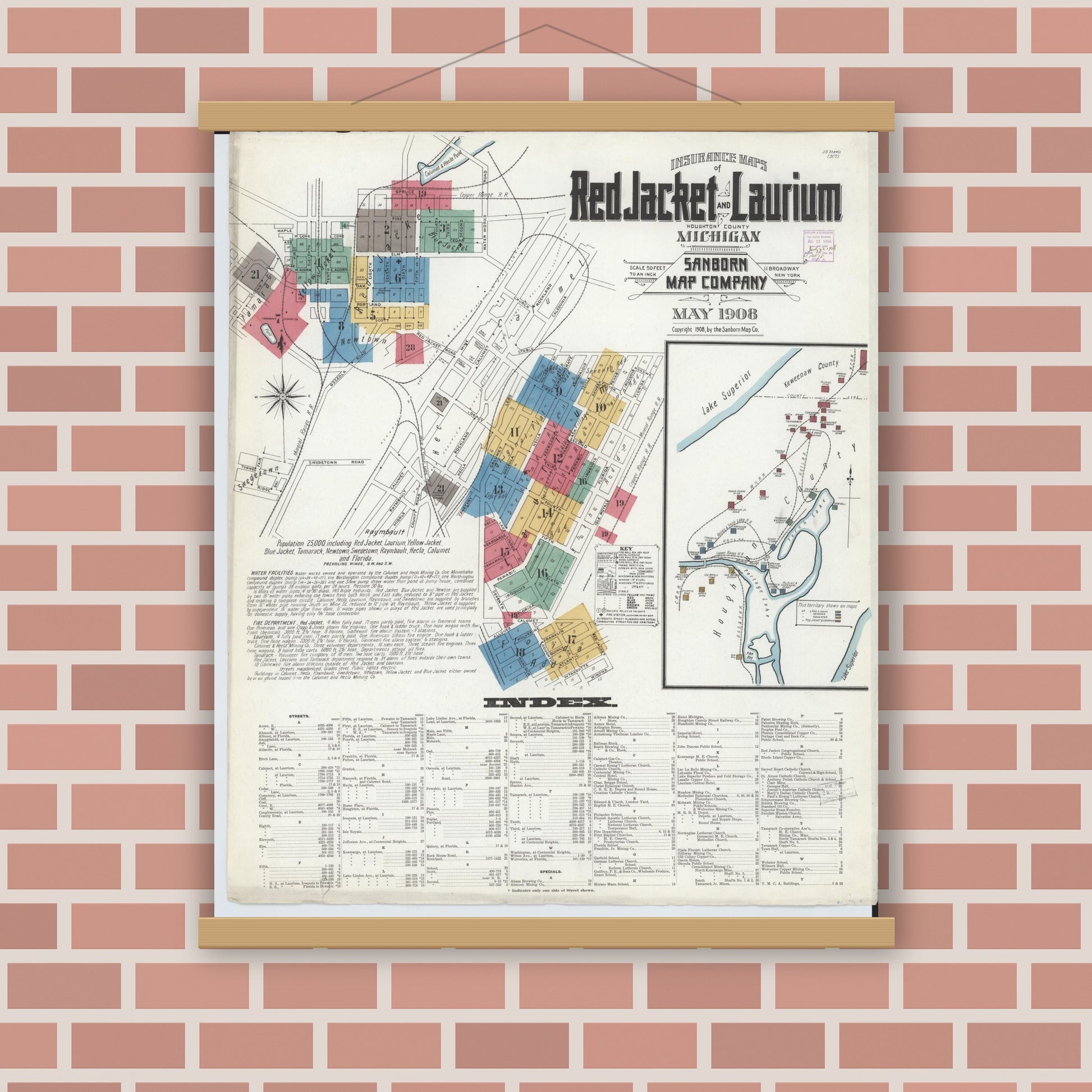 Old map wall art mockup — magnetic wood frame on brick wall — Sanborn Fire Insurance Map from Red Jacket, Houghton County, Michigan (1908) - Complete Map Set