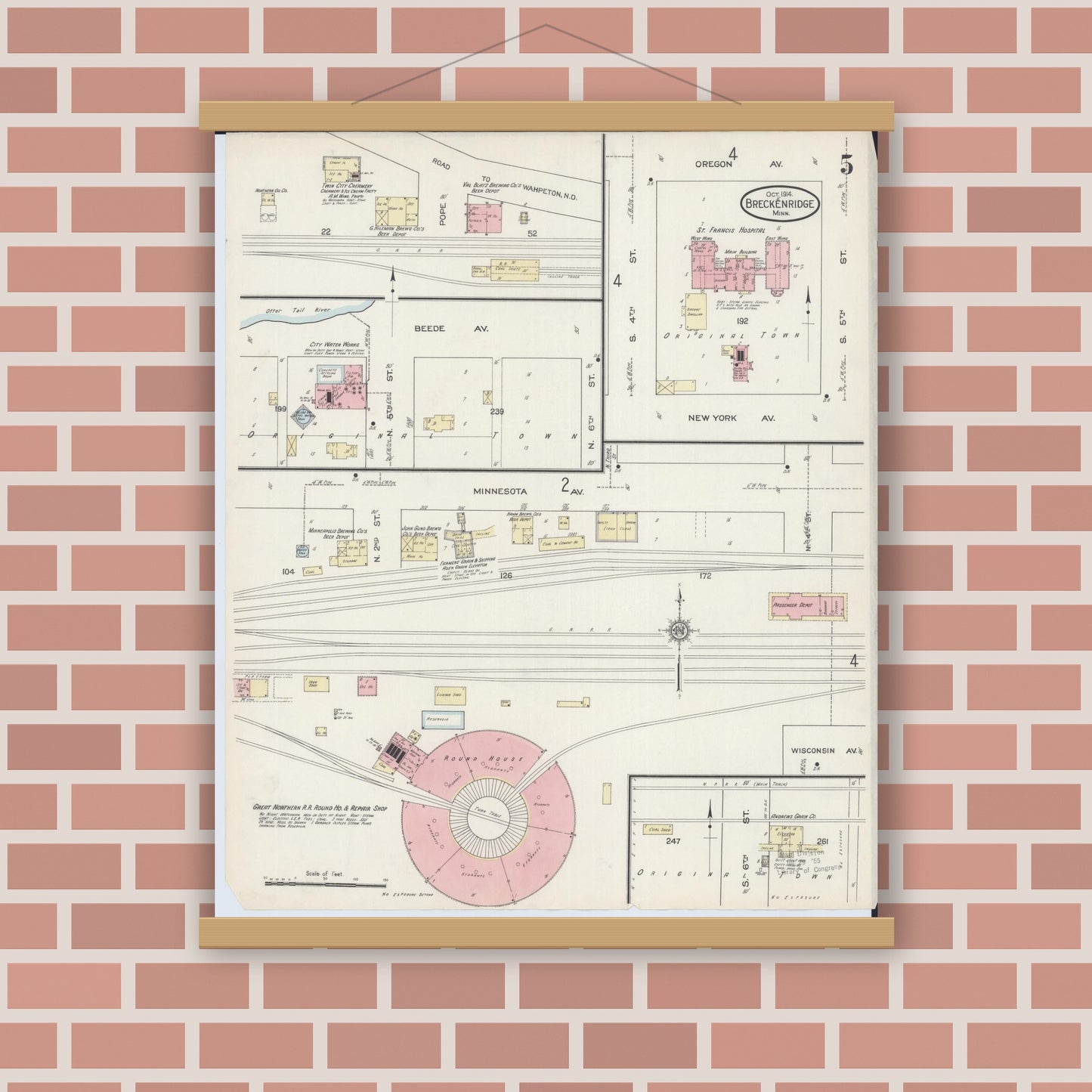 Old map wall art mockup — magnetic wood frame on brick wall — Sanborn Fire Insurance Map from Breckenridge, Wilkin County, Minnesota (1914), Sheet #0005