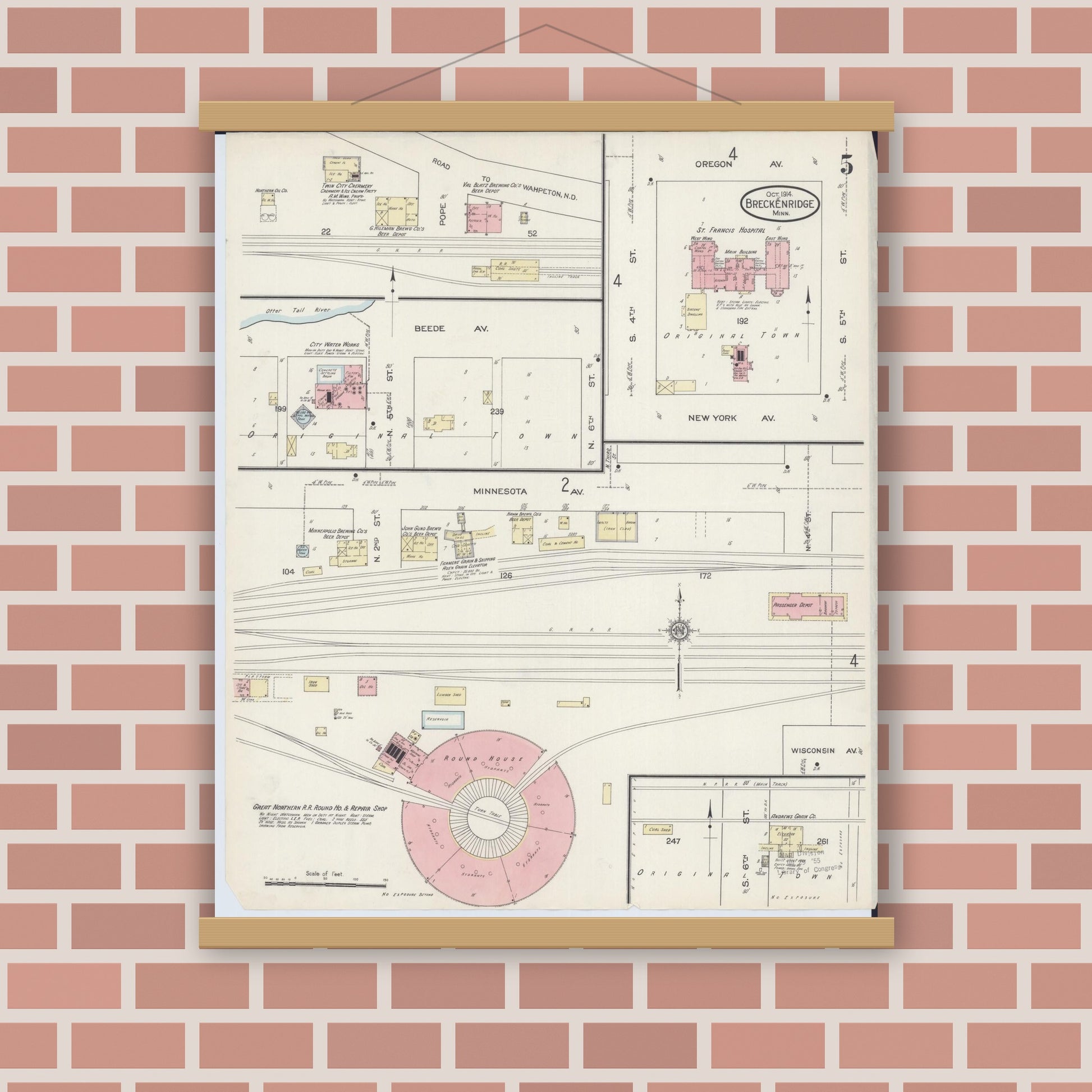 Old map wall art mockup — magnetic wood frame on brick wall — Sanborn Fire Insurance Map from Breckenridge, Wilkin County, Minnesota (1914), Sheet #0005