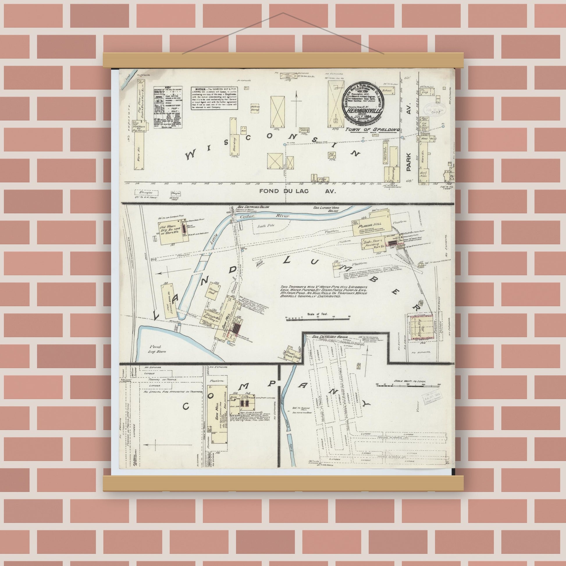 Old map wall art mockup — magnetic wood frame on brick wall — Sanborn Fire Insurance Map from Hermansville, Menominee County, Michigan (1884), Sheet #0001