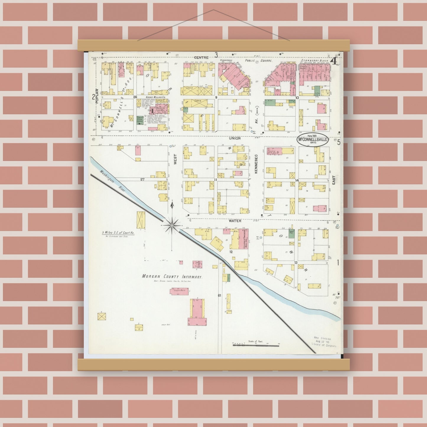 Old map wall art mockup — magnetic wood frame on brick wall — Sanborn Fire Insurance Map from McConnelsville, Morgan County, Ohio (1901), Sheet #0004