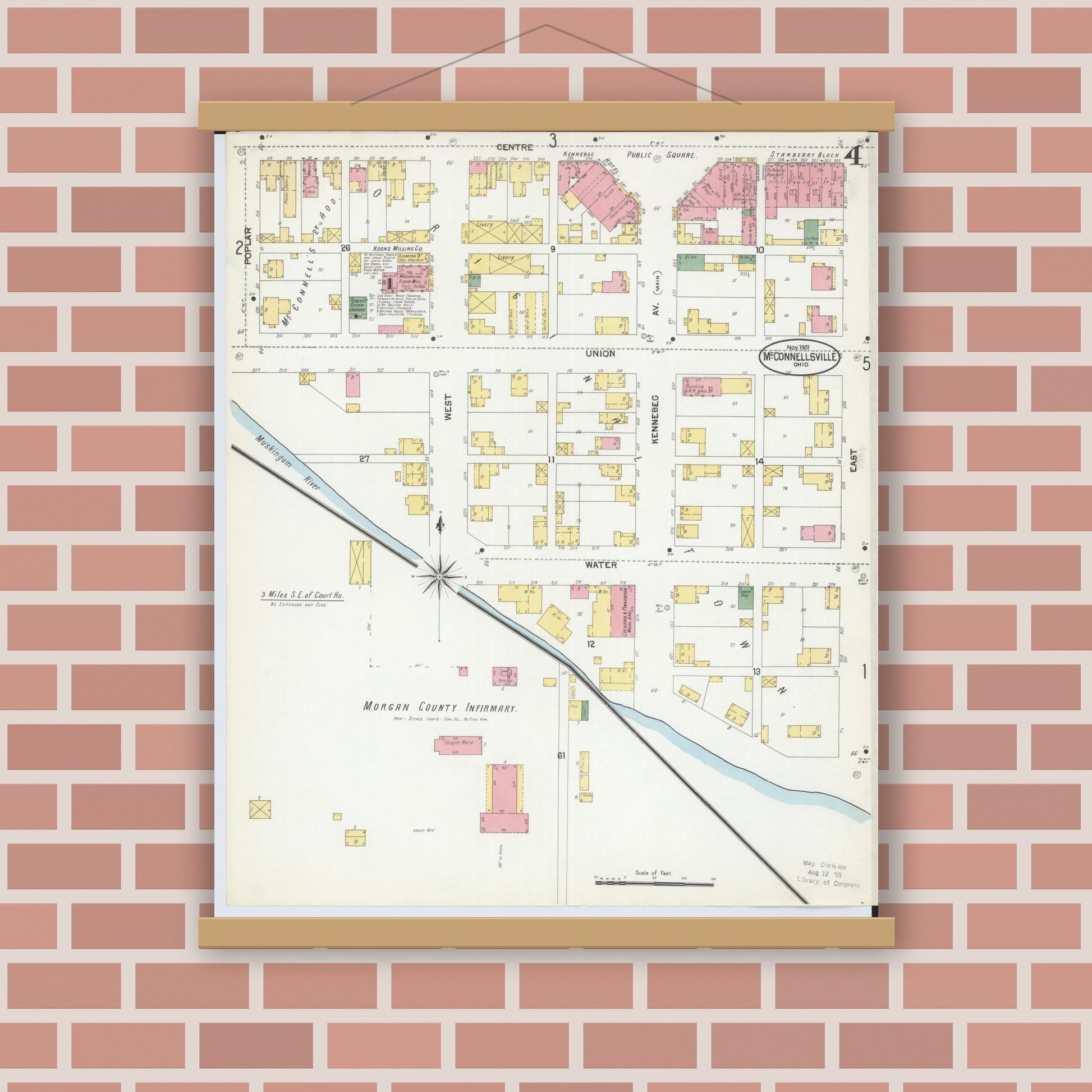 Old map wall art mockup — magnetic wood frame on brick wall — Sanborn Fire Insurance Map from McConnelsville, Morgan County, Ohio (1901), Sheet #0004