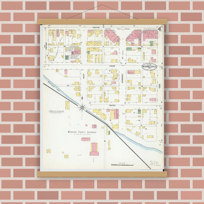 Old map wall art mockup — magnetic wood frame on brick wall — Sanborn Fire Insurance Map from McConnelsville, Morgan County, Ohio (1901), Sheet #0004