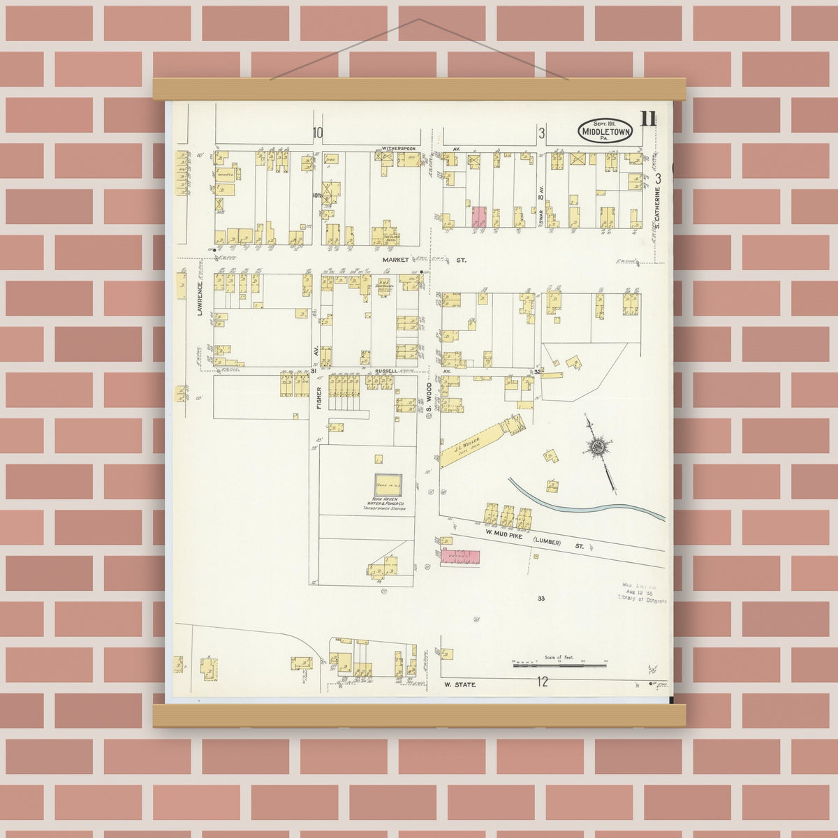 Old map wall art mockup — magnetic wood frame on brick wall — Sanborn Fire Insurance Map from Middletown, Dauphin County, Pennsylvania (1911), Sheet #0011