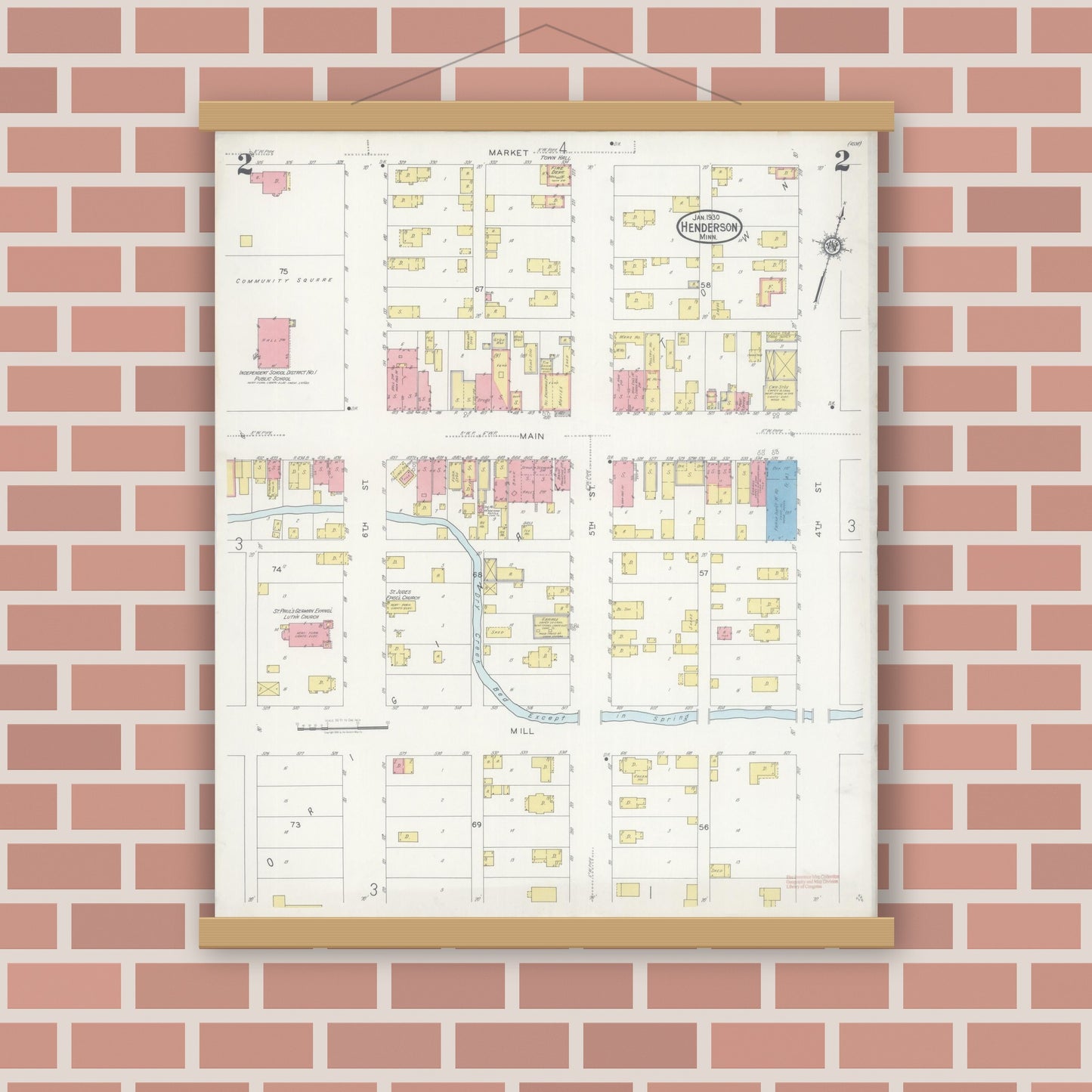 Old map wall art mockup — magnetic wood frame on brick wall — Sanborn Fire Insurance Map from Henderson, Sibley County, Minnesota (1930), Sheet #0002