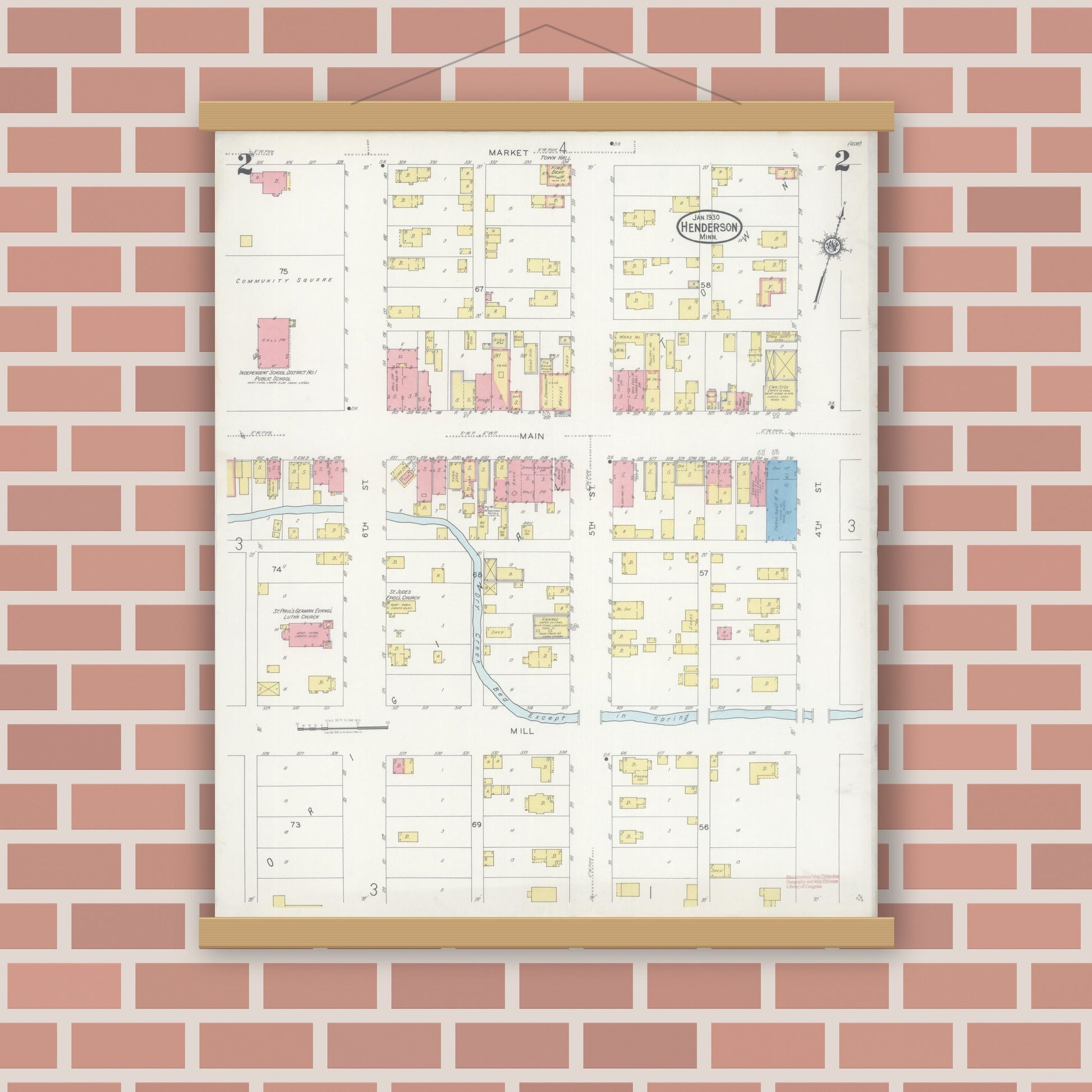 Old map wall art mockup — magnetic wood frame on brick wall — Sanborn Fire Insurance Map from Henderson, Sibley County, Minnesota (1930), Sheet #0002