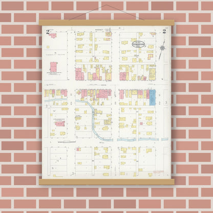 Old map wall art mockup — magnetic wood frame on brick wall — Sanborn Fire Insurance Map from Henderson, Sibley County, Minnesota (1930), Sheet #0002