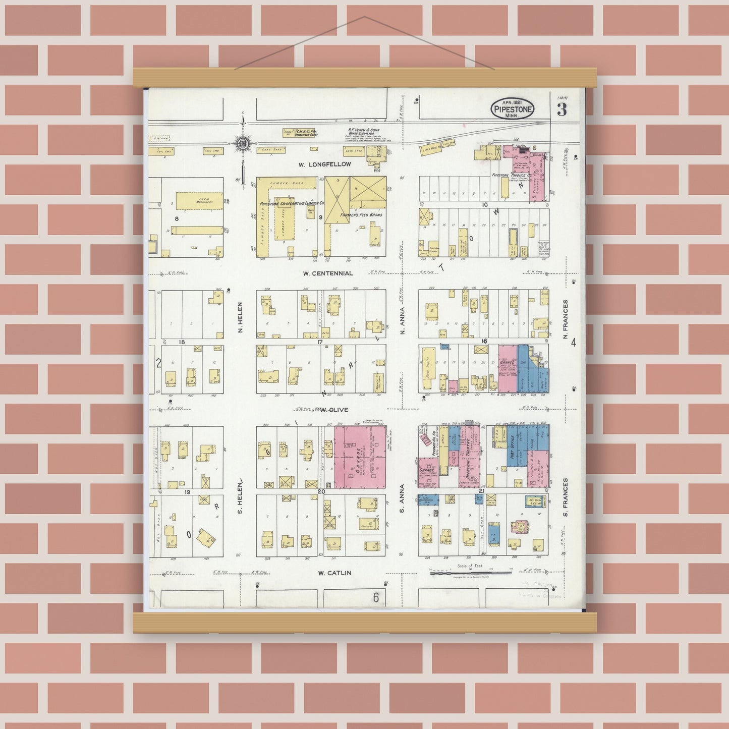 Old map wall art mockup — magnetic wood frame on brick wall — Sanborn Fire Insurance Map from Pipestone, Pipestone County, Minnesota (1921), Sheet #0003