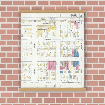 Old map wall art mockup — magnetic wood frame on brick wall — Sanborn Fire Insurance Map from Pipestone, Pipestone County, Minnesota (1921), Sheet #0003