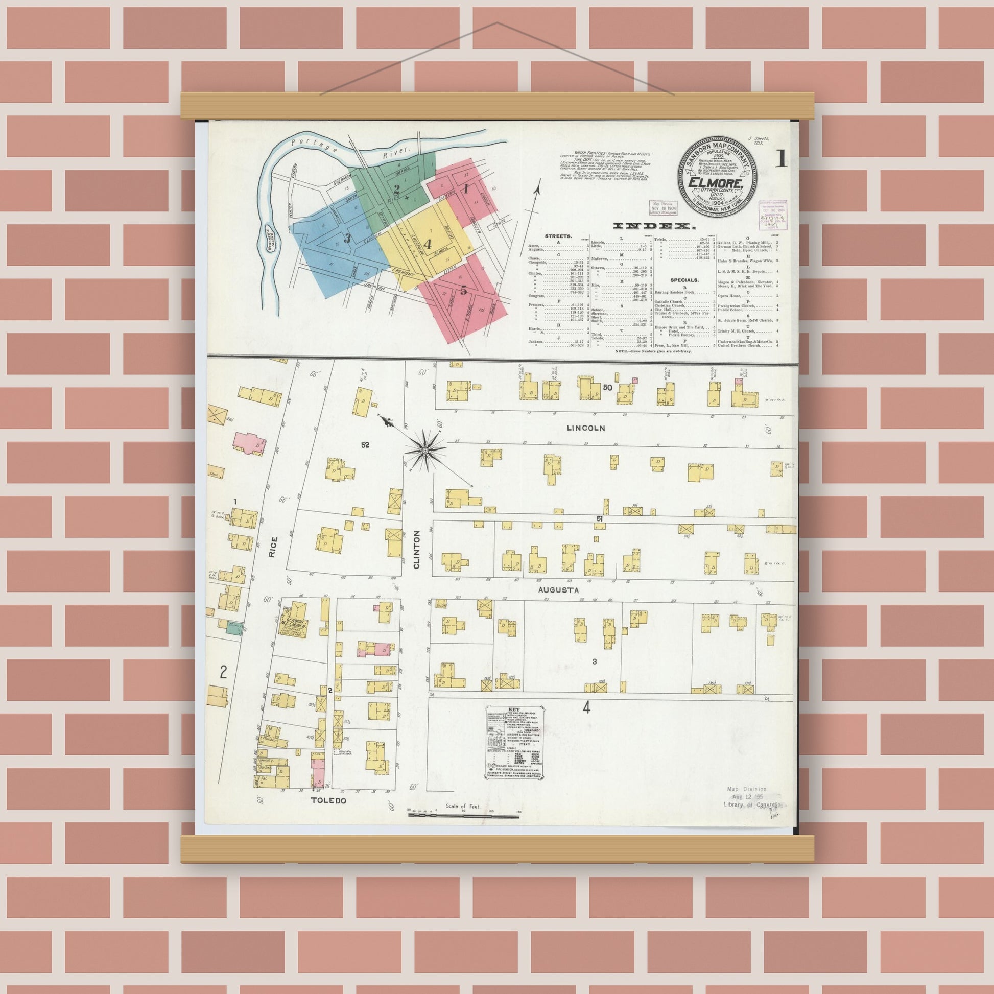 Old map wall art mockup — magnetic wood frame on brick wall — Sanborn Fire Insurance Map from Elmore, Ottawa County, Ohio (1904), Sheet #0001