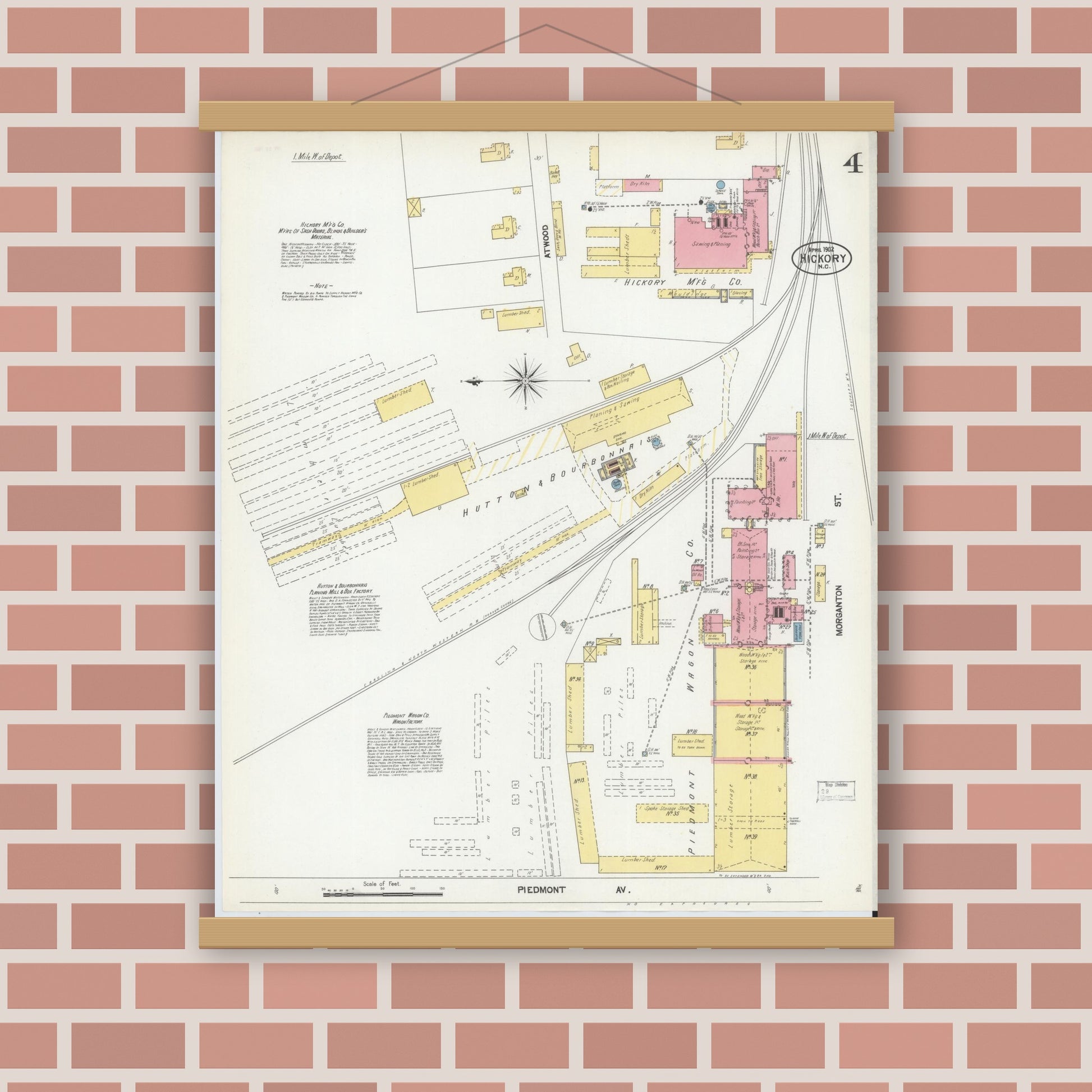 Old map wall art mockup — magnetic wood frame on brick wall — Sanborn Fire Insurance Map from Hickory, Catawba County, North Carolina (1902), Sheet #0004