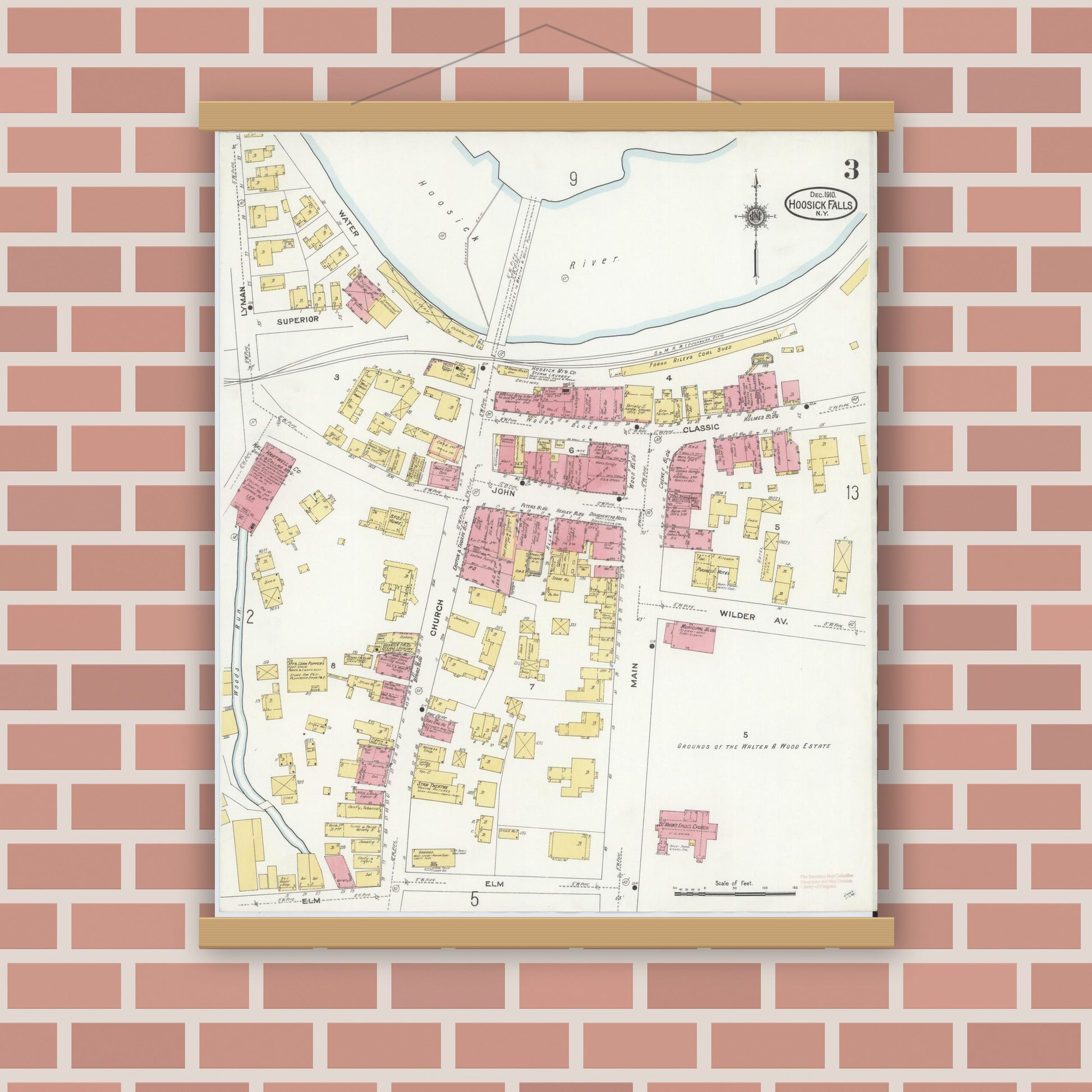 Old map wall art mockup — magnetic wood frame on brick wall — Sanborn Fire Insurance Map from Hoosick Falls, Rensselaer County, New York (1910), Sheet #0003