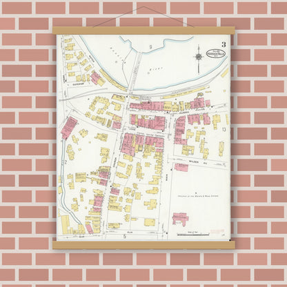 Old map wall art mockup — magnetic wood frame on brick wall — Sanborn Fire Insurance Map from Hoosick Falls, Rensselaer County, New York (1910), Sheet #0003