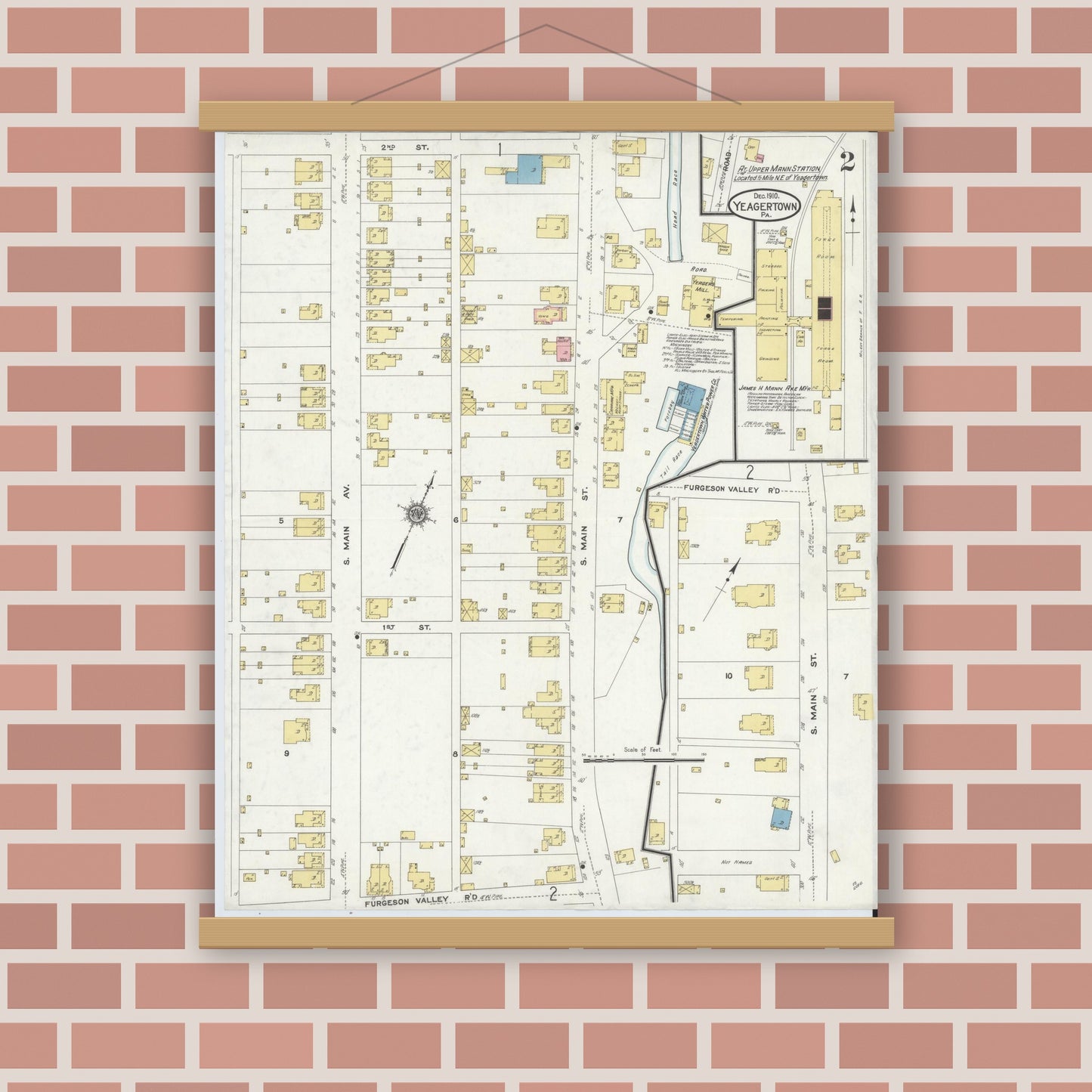 Old map wall art mockup — magnetic wood frame on brick wall — Sanborn Fire Insurance Map from Yeagertown, Mifflin County, Pennsylvania (1910), Sheet #0002