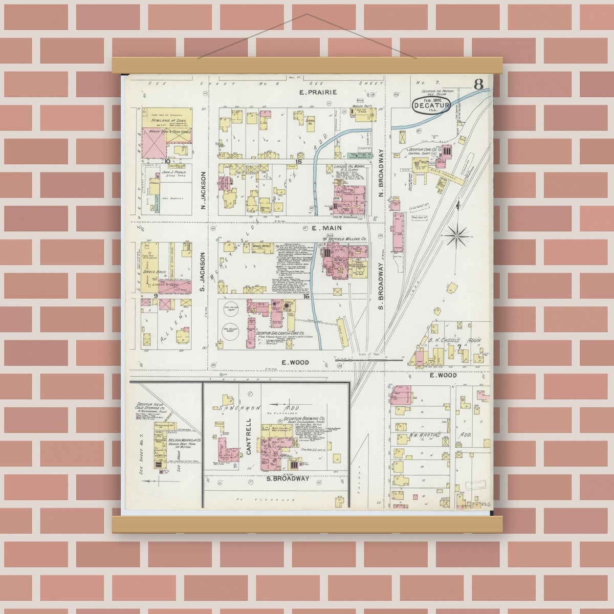 Old map wall art mockup — magnetic wood frame on brick wall — Sanborn Fire Insurance Map from Decatur, Macon County, Illinois (1892), Sheet #0008