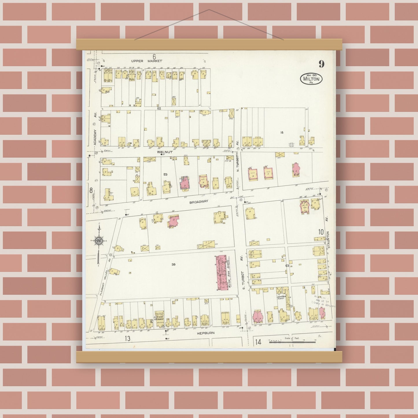 Old map wall art mockup — magnetic wood frame on brick wall — Sanborn Fire Insurance Map from Milton, Northumberland County, Pennsylvania (1913), Sheet #0009