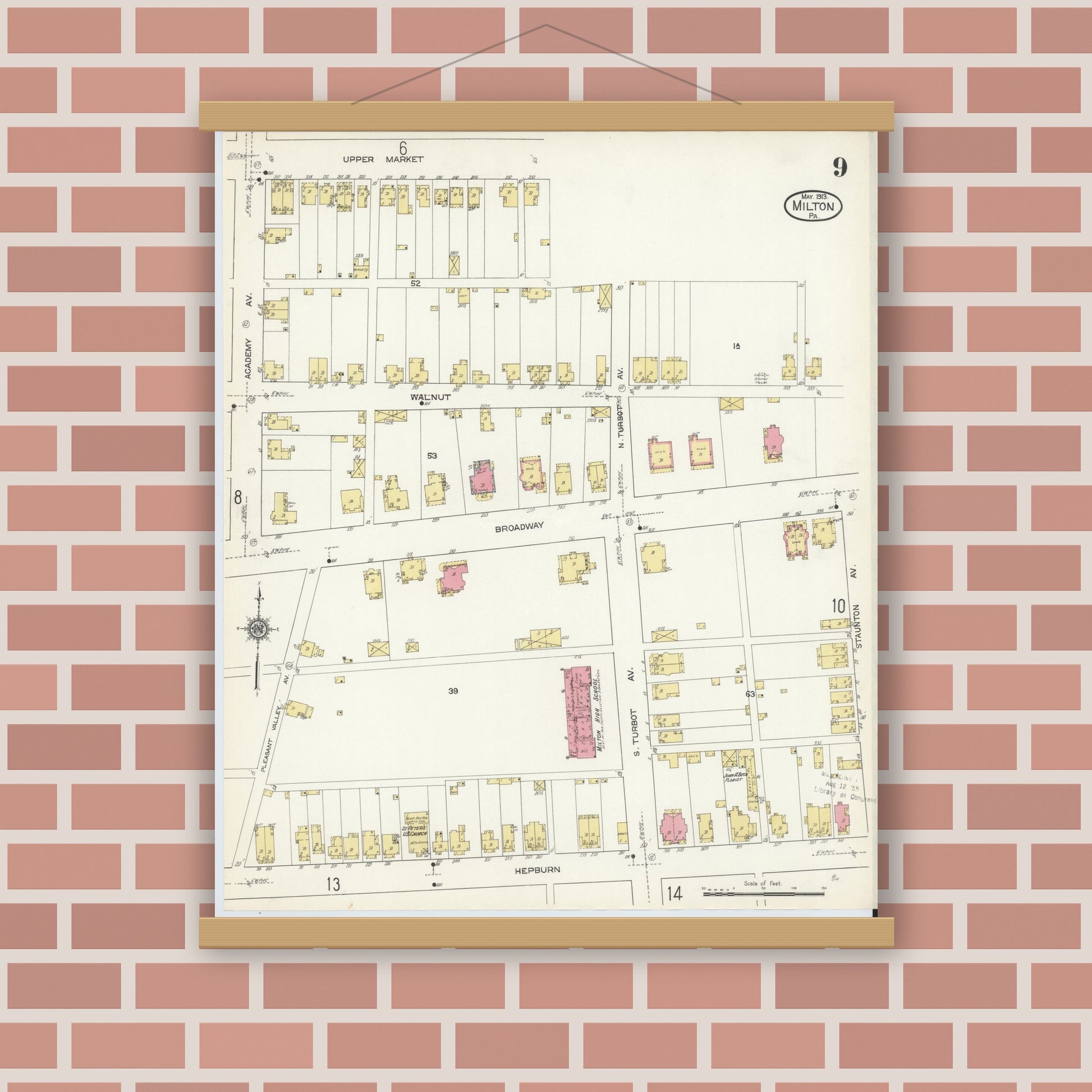 Old map wall art mockup — magnetic wood frame on brick wall — Sanborn Fire Insurance Map from Milton, Northumberland County, Pennsylvania (1913), Sheet #0009