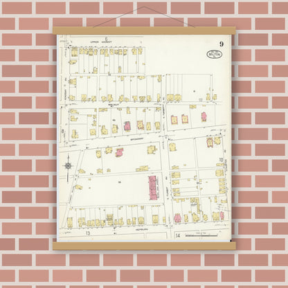 Old map wall art mockup — magnetic wood frame on brick wall — Sanborn Fire Insurance Map from Milton, Northumberland County, Pennsylvania (1913), Sheet #0009