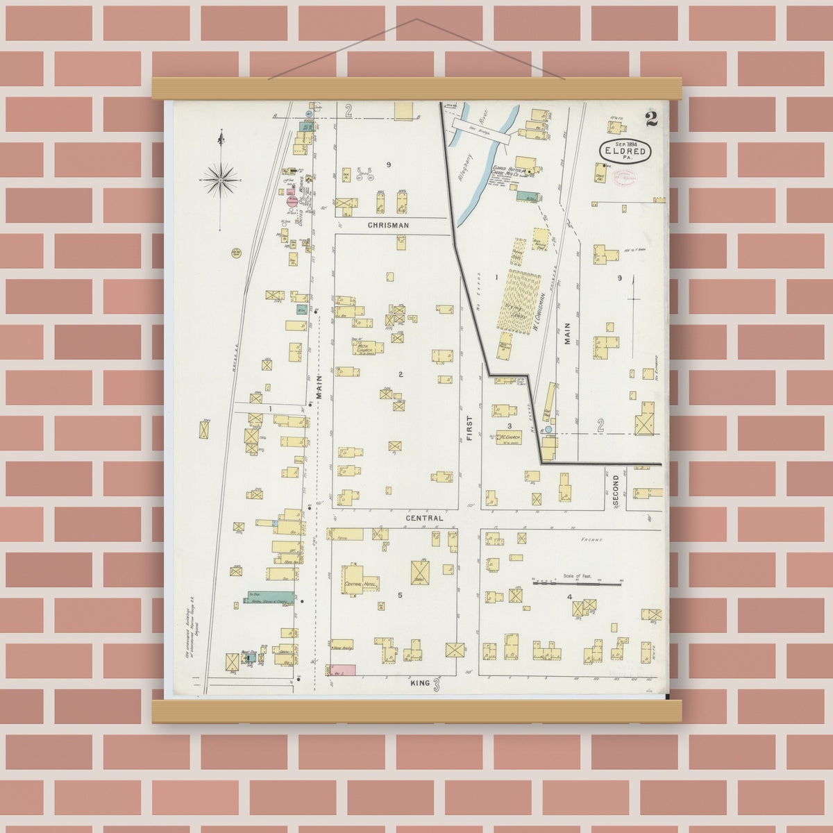 Old map wall art mockup — magnetic wood frame on brick wall — Sanborn Fire Insurance Map from Eldred, McKean County, Pennsylvania (1894), Sheet #0002