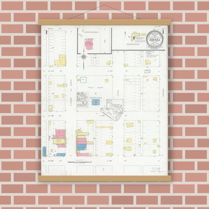 Old map wall art mockup — magnetic wood frame on brick wall — Sanborn Fire Insurance Map from Odessa, Edger County, Texas (1927), Sheet #0001