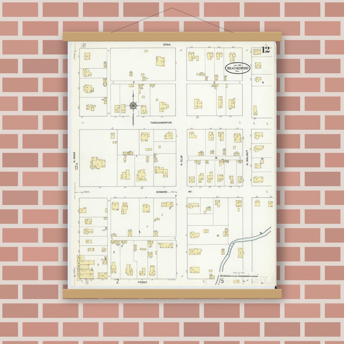 Old map wall art mockup — magnetic wood frame on brick wall — Sanborn Fire Insurance Map from Weatherford, Parker County, Texas (1910), Sheet #0012