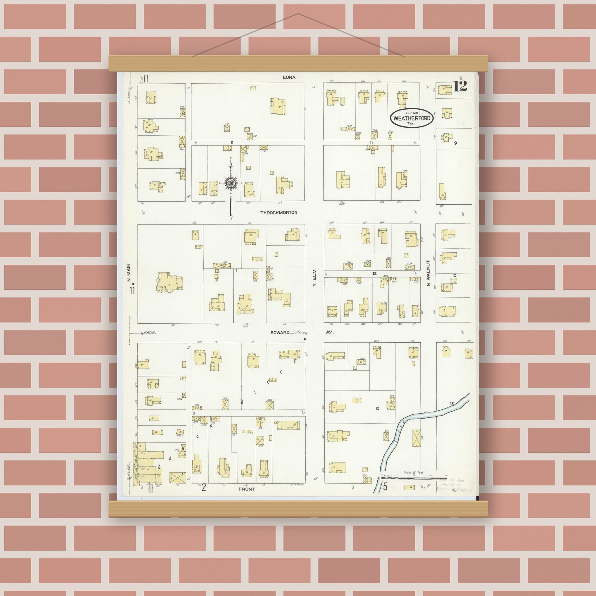 Old map wall art mockup — magnetic wood frame on brick wall — Sanborn Fire Insurance Map from Weatherford, Parker County, Texas (1910), Sheet #0012