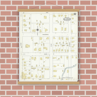Old map wall art mockup — magnetic wood frame on brick wall — Sanborn Fire Insurance Map from Weatherford, Parker County, Texas (1910), Sheet #0012