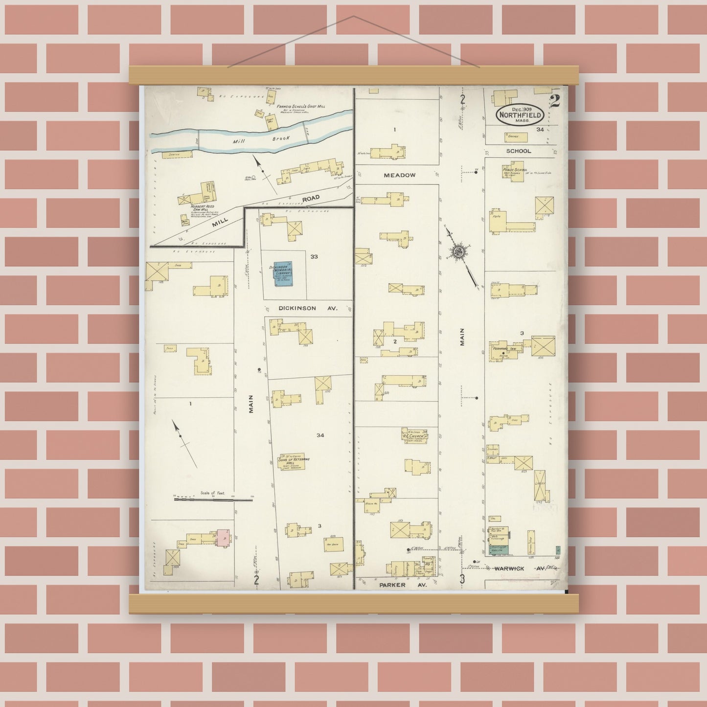 Old map wall art mockup — magnetic wood frame on brick wall — Sanborn Fire Insurance Map from Northfield, Franklin County, Massachusetts (1909), Sheet #0002