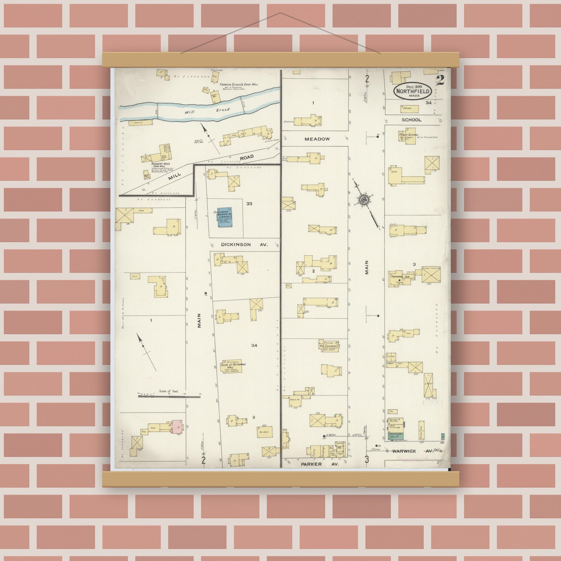 Old map wall art mockup — magnetic wood frame on brick wall — Sanborn Fire Insurance Map from Northfield, Franklin County, Massachusetts (1909), Sheet #0002