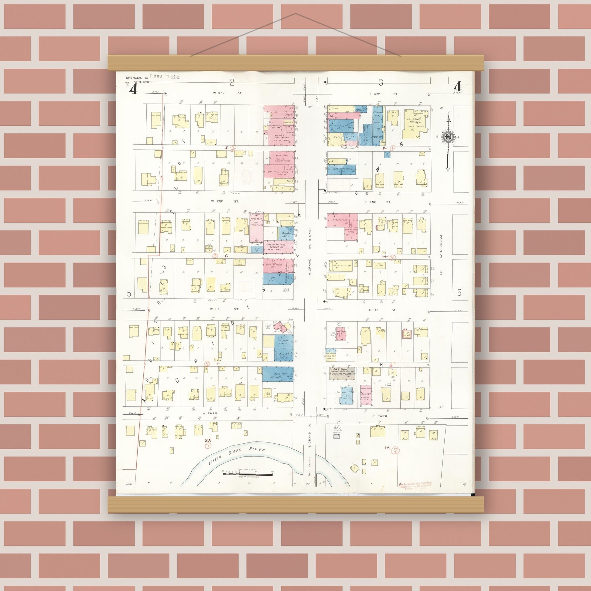 Old map wall art mockup — magnetic wood frame on brick wall — Sanborn Fire Insurance Map from Spencer, Clay County, Iowa (1946), Sheet #0004