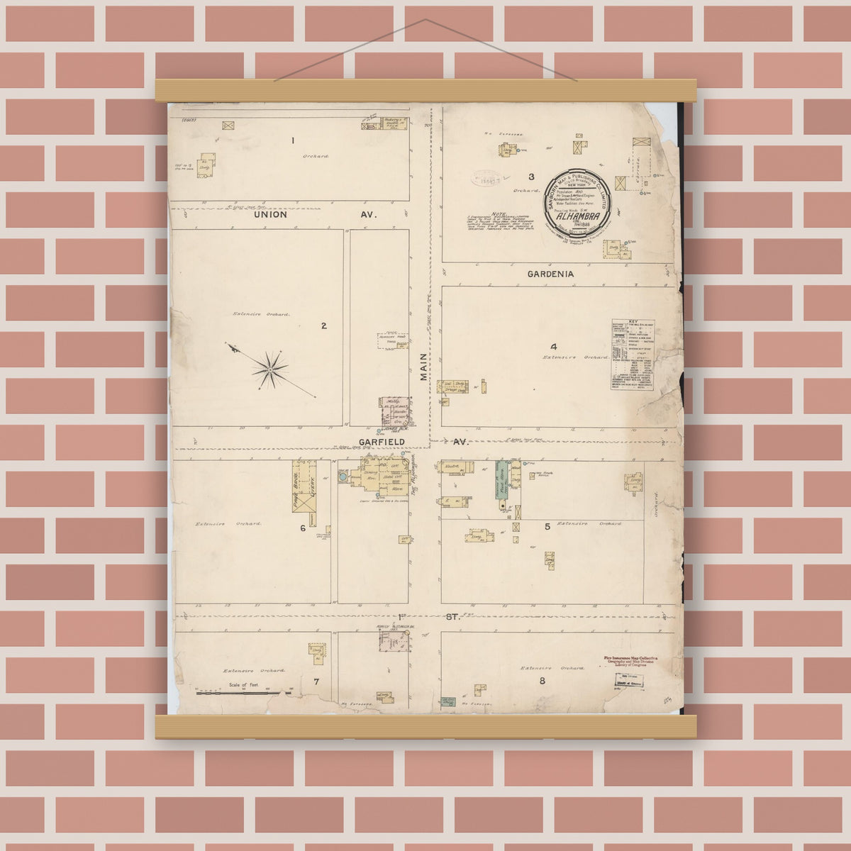 Old map wall art mockup — magnetic wood frame on brick wall — Sanborn Fire Insurance Map from Alhambra, Los Angeles County, California (1888), Sheet #0001