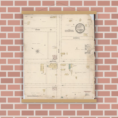 Old map wall art mockup — magnetic wood frame on brick wall — Sanborn Fire Insurance Map from Alhambra, Los Angeles County, California (1888), Sheet #0001