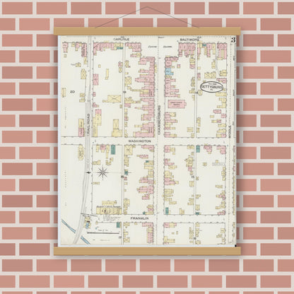 Old map wall art mockup — magnetic wood frame on brick wall — Sanborn Fire Insurance Map from Gettysburg, Adams County, Pennsylvania (1886), Sheet #0003