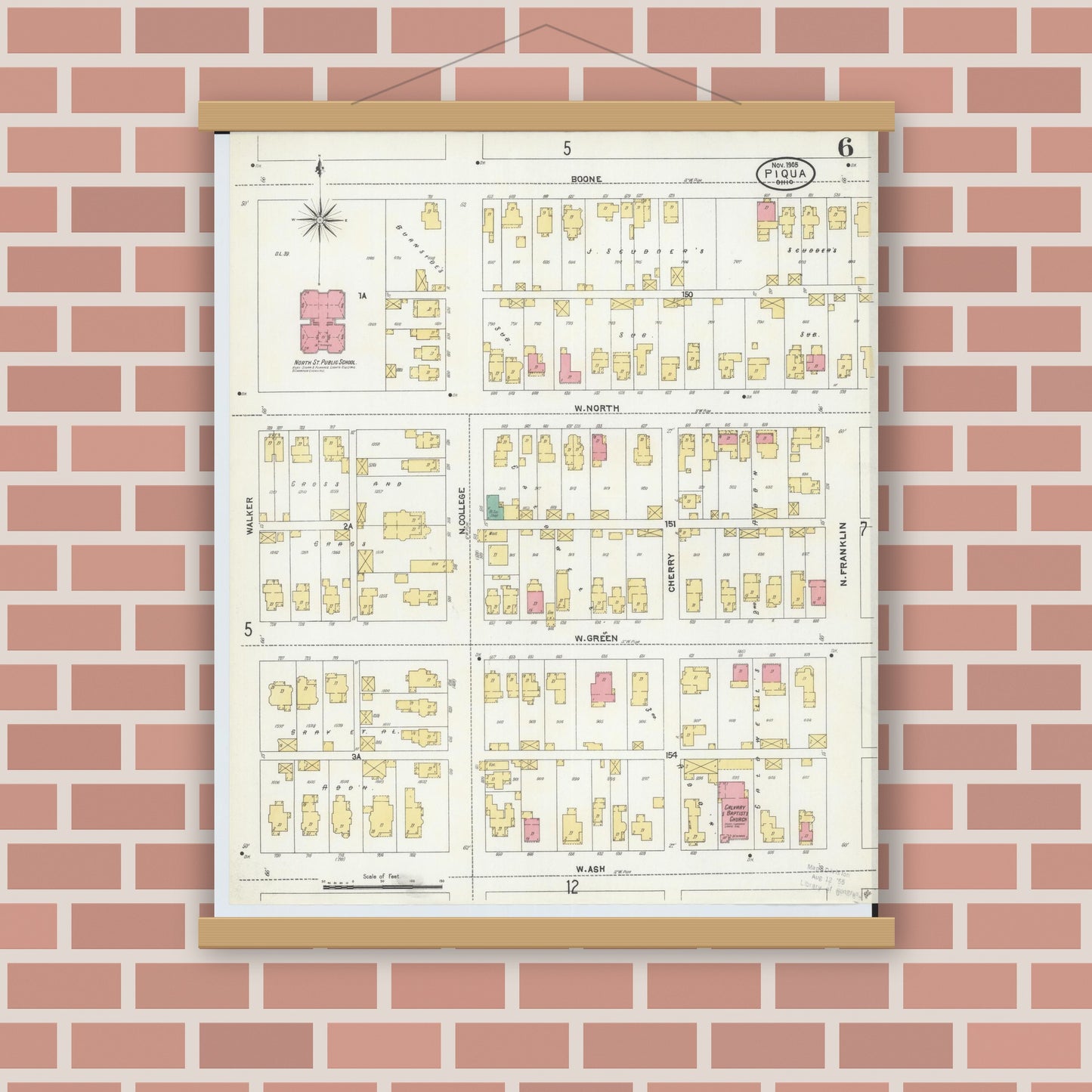Old map wall art mockup — magnetic wood frame on brick wall — Sanborn Fire Insurance Map from Piqua, Miami County, Ohio (1905), Sheet #0006