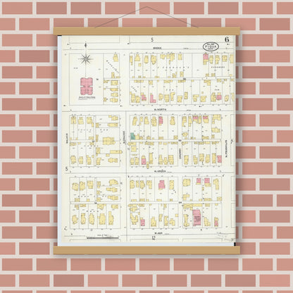Old map wall art mockup — magnetic wood frame on brick wall — Sanborn Fire Insurance Map from Piqua, Miami County, Ohio (1905), Sheet #0006